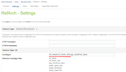 Screenshot showing Go to Business Manager and open Administration > Sites > Manage Sites. Select your site, then select the Settings tab. In the cartridge path, at the...