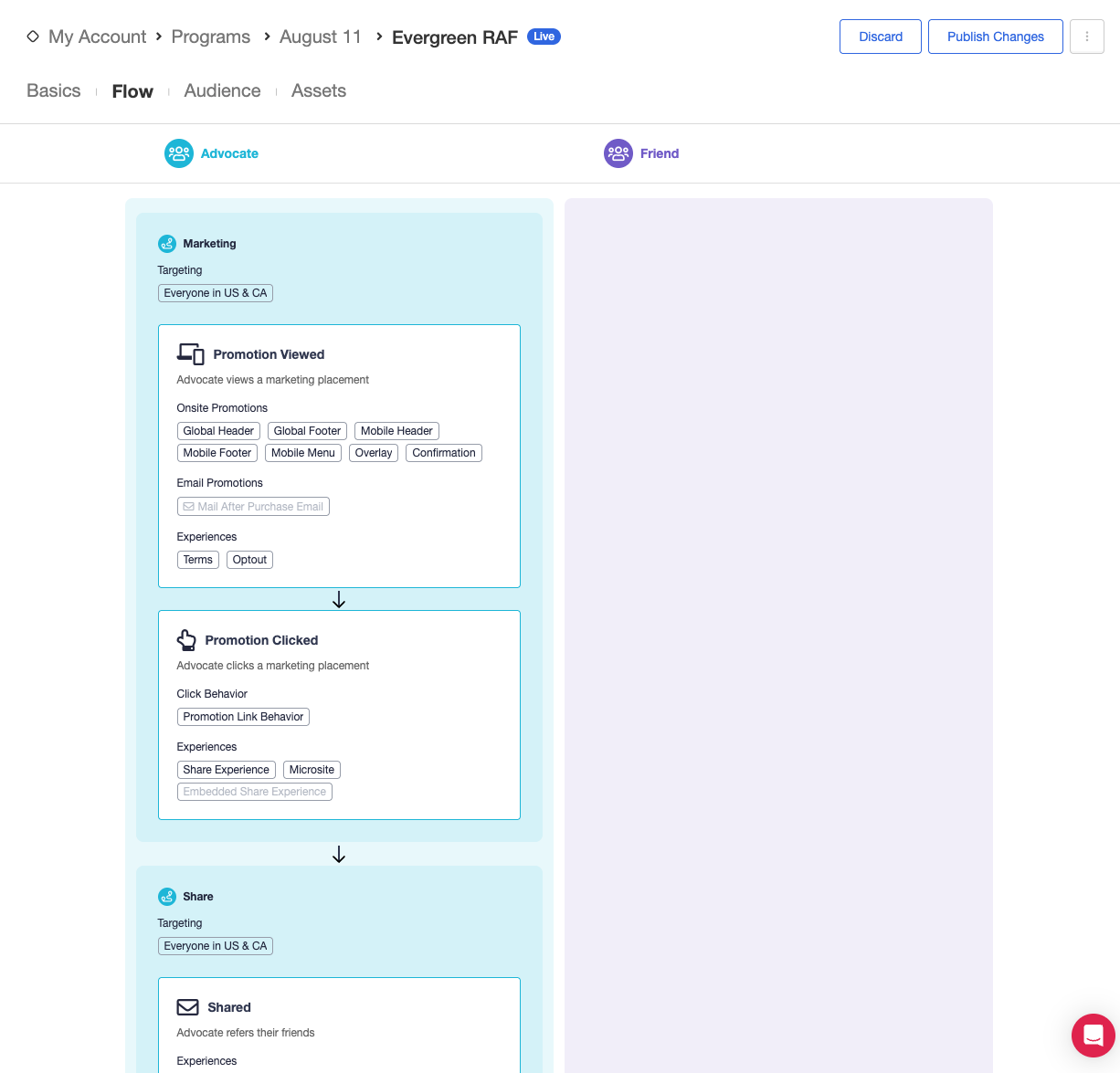 Screenshot showing The Flow Builder allows you to visualize and manage your Extole campaigns. For a standard referral campaign, the Flow displays how advocates and friend...