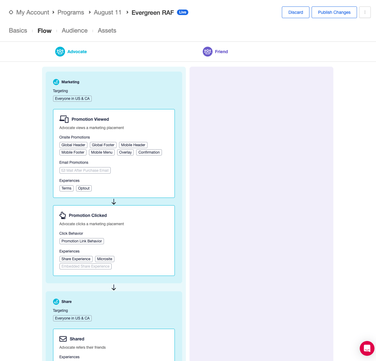 Screenshot showing The Flow Builder allows you to visualize and manage your Extole campaigns. For a standard referral campaign, the Flow displays how advocates and friend...