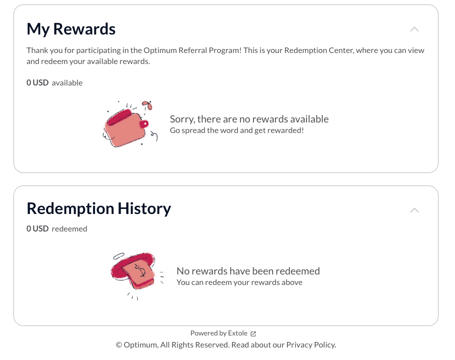 Screenshot showing After clicking the link in the email, the user is brought to the Reward Bank Experience. By default, this is an Extole hosted microsite that pulls in that...