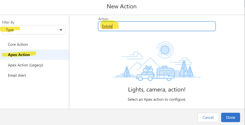Screenshot showing Select the Apex Action and Controller you just created.