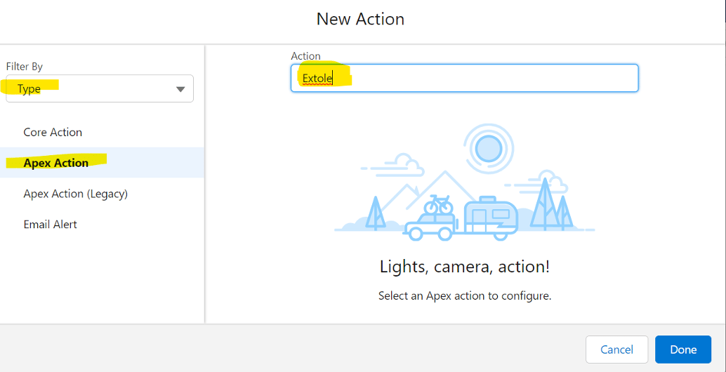 Screenshot showing Select the Apex Action and Controller you just created.