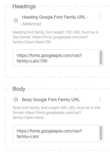Screenshot showing In Campaign Edit, paste this URL reference under "Body Google Font Family URL" or "Header Google Font Family URL".