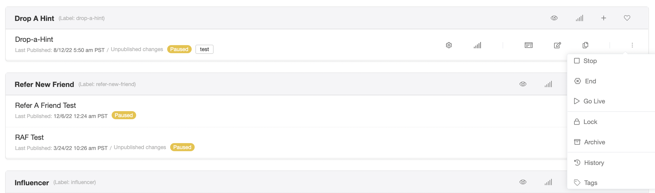 Screenshot showing Hovering over a campaign will reveal another set of icons. From left to right, you can manage the campaign, access the campaign stats dashboard, preview the...