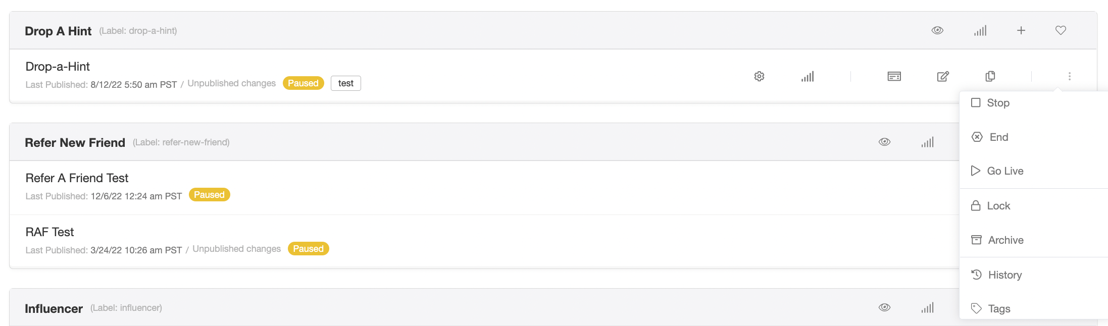 Screenshot showing Hovering over a campaign will reveal another set of icons. From left to right, you can manage the campaign, access the campaign stats dashboard, preview the...