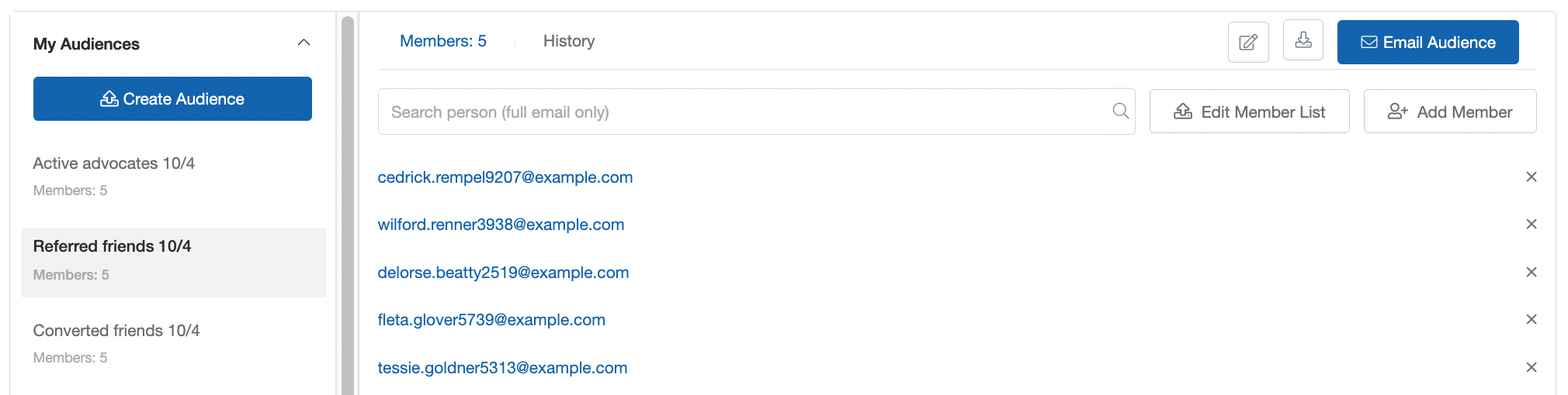 Screenshot showing Select any audience to see the first few members. Above the previewed members, you can see the total number of members as well as icons that allow you to...