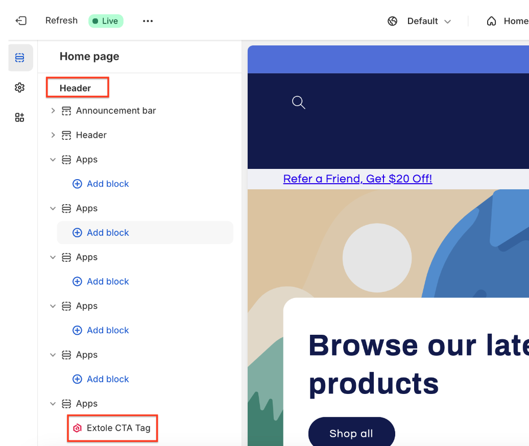 Screenshot showing Next, in order for Extole content like 'Refer and get $20'—to display on your Shopify store, you'll need to name the zone in Shopify. To name the zone,...