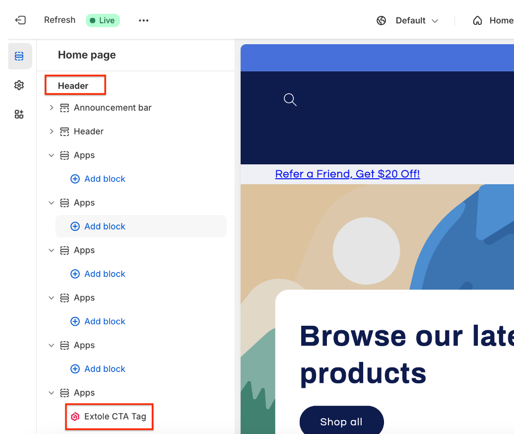 Screenshot showing Next, in order for Extole content like 'Refer and get $20'—to display on your Shopify store, you'll need to name the zone in Shopify. To name the zone,...