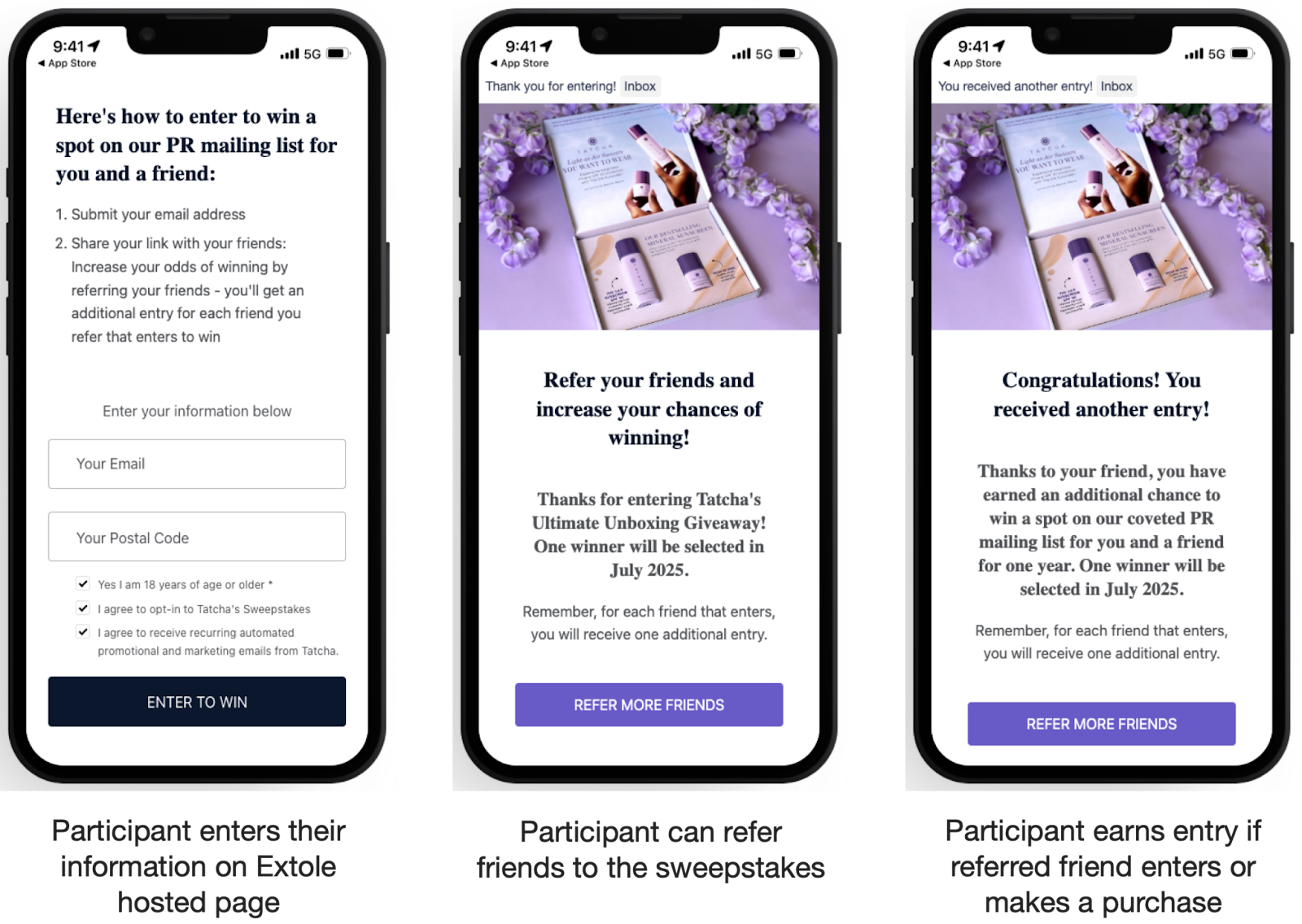 Screenshot showing Sharing & Referrals: After entering, participants get a unique link to refer friends. For every friend who joins (and/or makes a purchase), they earn more...