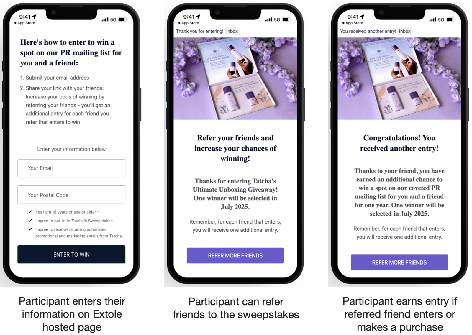 Screenshot showing Sharing & Referrals: After entering, participants get a unique link to refer friends. For every friend who joins (and/or makes a purchase), they earn more...