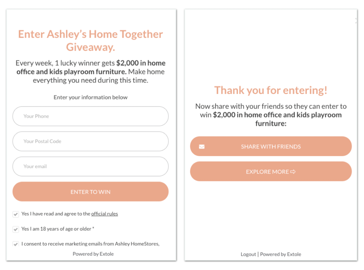 Screenshot showing They launched their second sweepstakes after seeing so much success with the first one in May. Once someone entered, they were asked to tell their friends to...