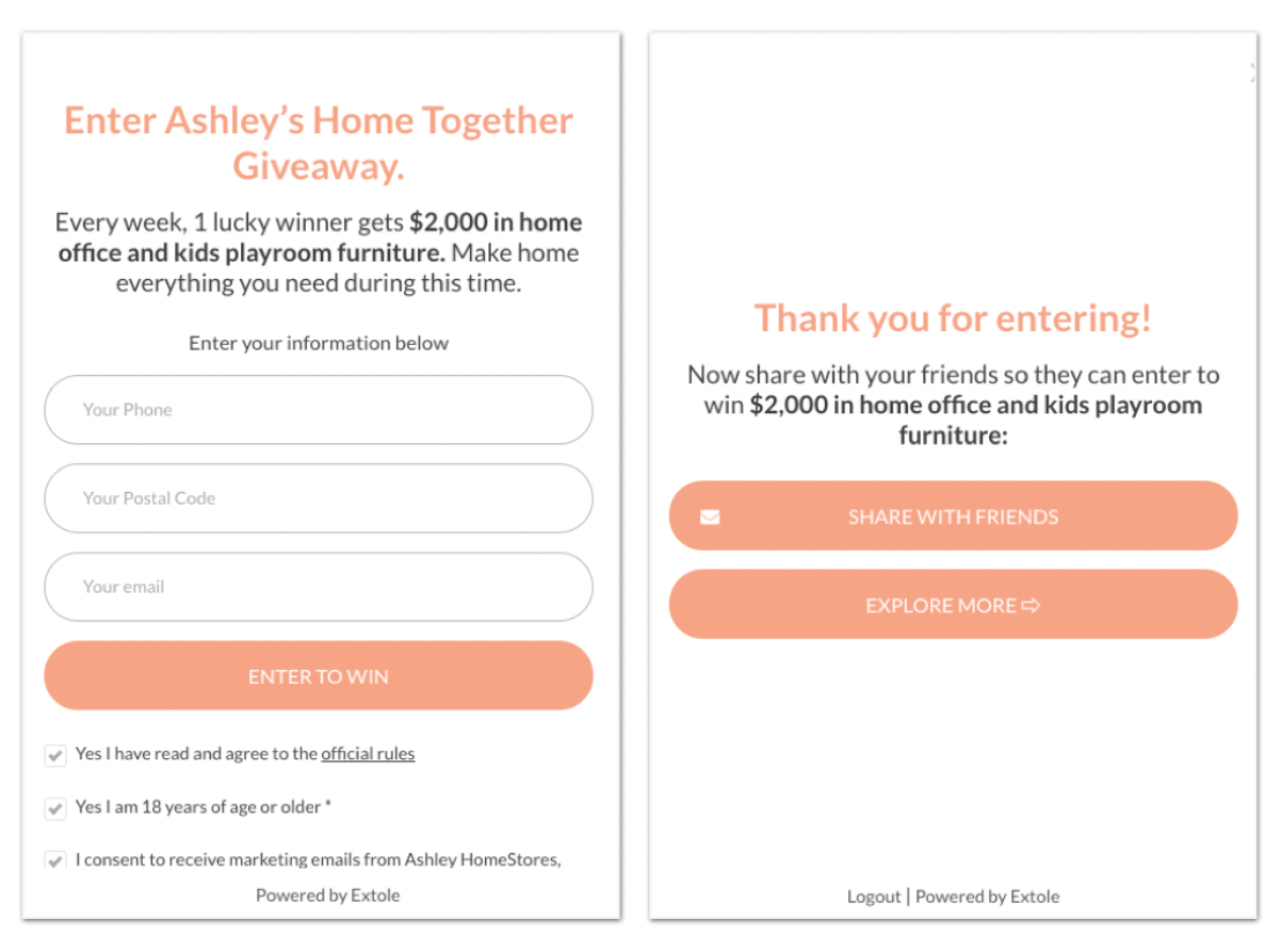 Screenshot showing They launched their second sweepstakes after seeing so much success with the first one in May. Once someone entered, they were asked to tell their friends to...