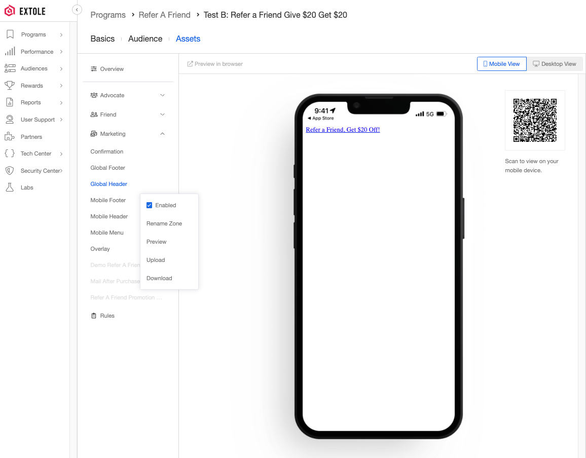 Screenshot showing Navigate back to Extole to begin enabling the Marketing tags for the CTAs that you would like to place throughout your store. These can be found in the...