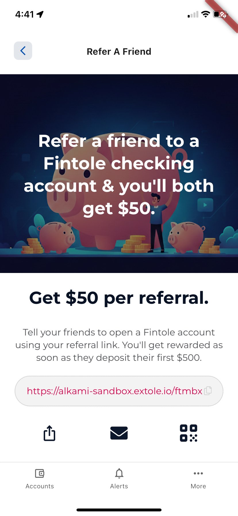 Screenshot showing Yes, in addition to desktop, the Extole and Alkami integration is fully supported and optimized for your mobile banking app. The referral microsite is...