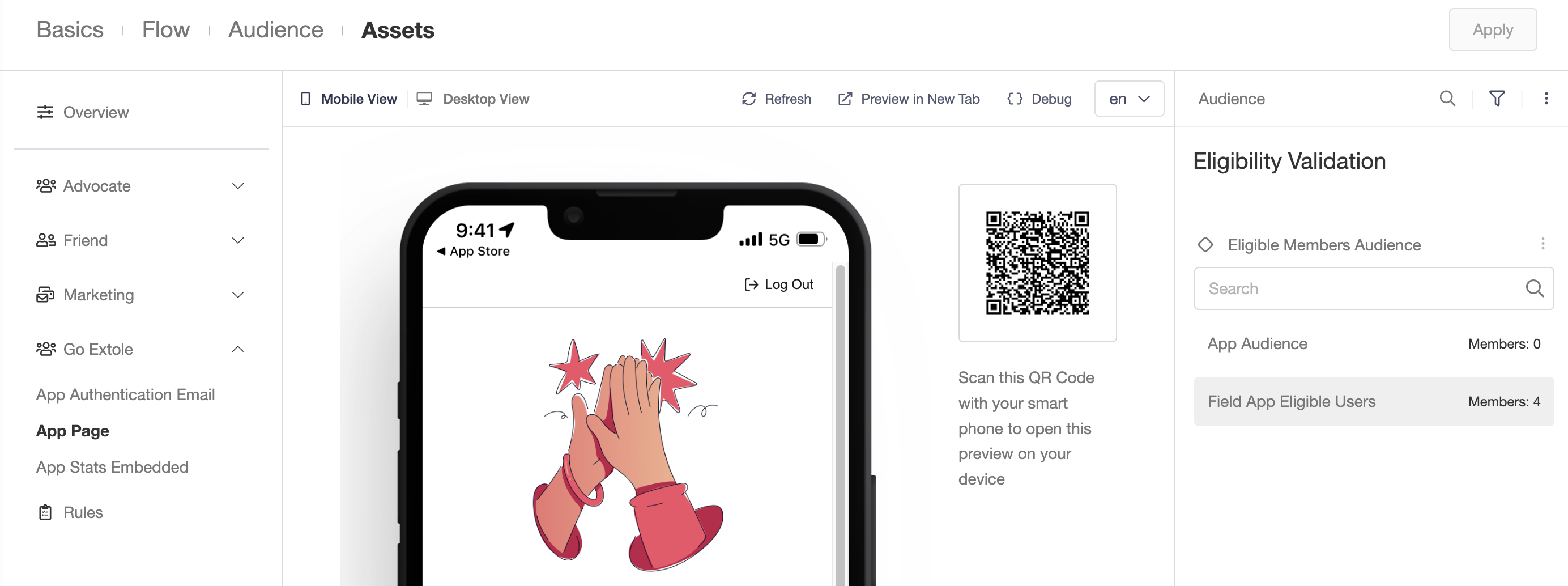 Screenshot showing Select the audience that contains your Go Extole eligible members. Then, in the Eligible Members Audience three dots menu, indicate that that audience is the...