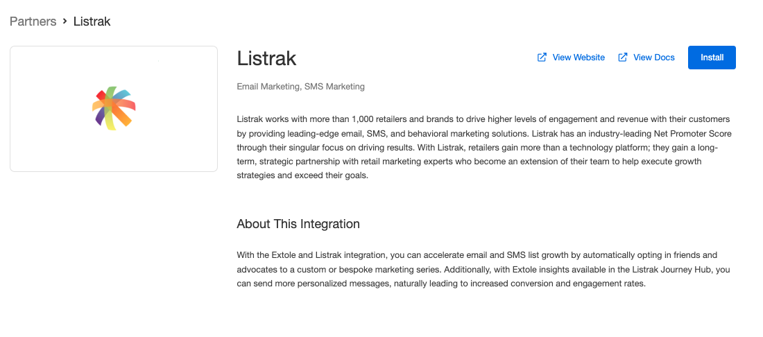 Screenshot showing Install the Listrak integration