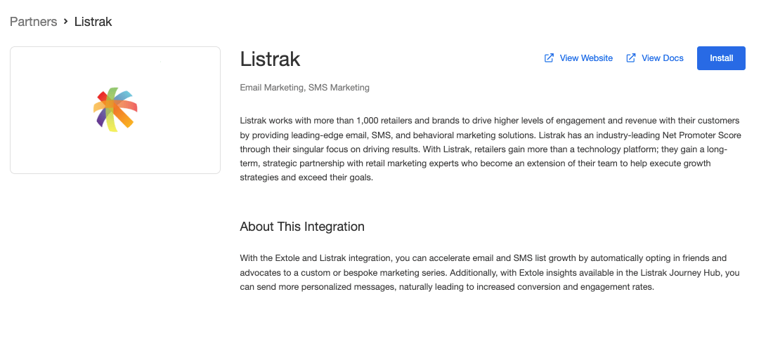 Screenshot showing Install the Listrak integration