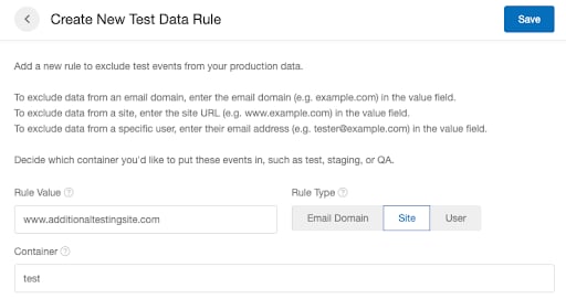 Screenshot showing Under "Rule Value", enter the site URL of the program domain whose events you wish to exclude from your dashboard analytics (e.g. www.example.com). Under...