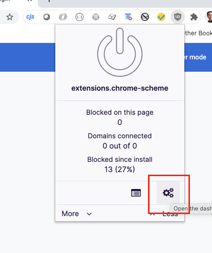Screenshot showing Click on the button for the uBlock Origin Chrome Extension and in the dialog that appears, click on the three gears icon.