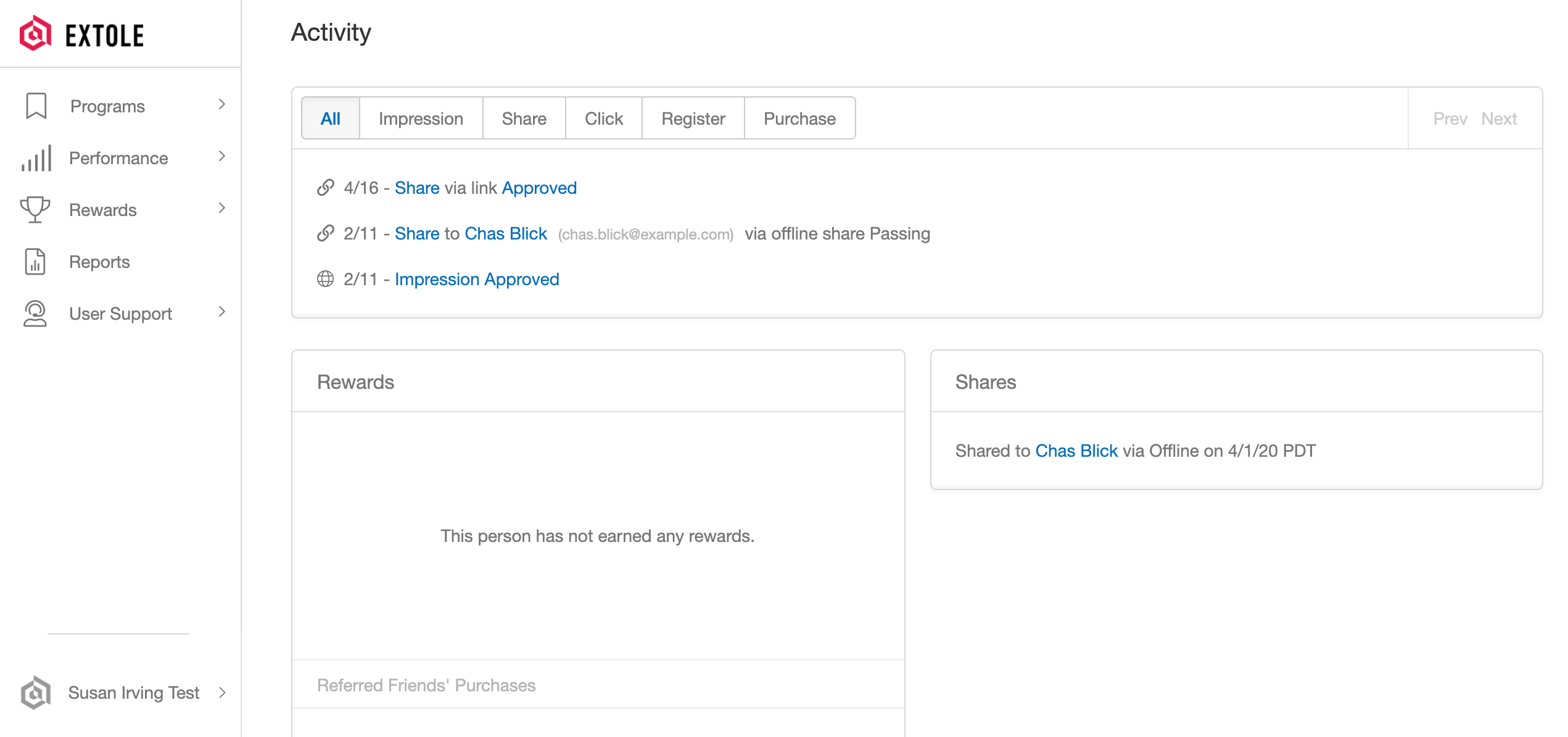 Screenshot showing In the activity section, you can see the various events that this user has created through within your programs. In addition to showing any activity they've...