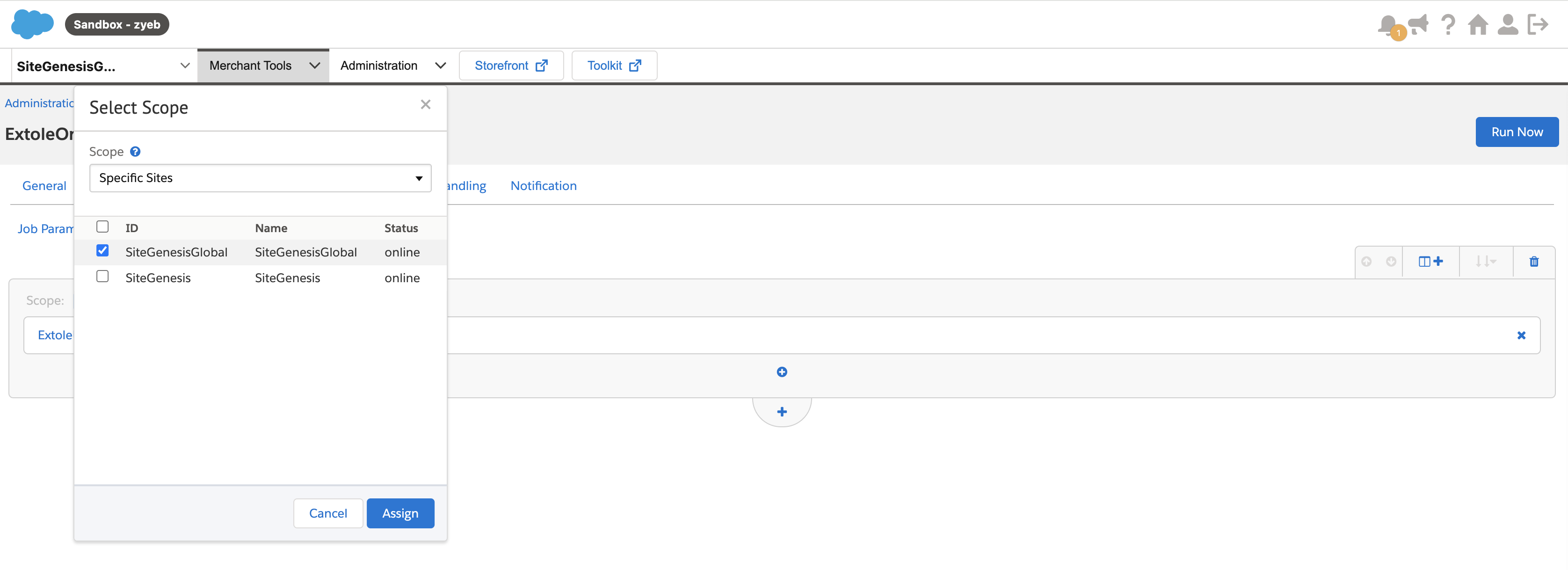 Screenshot showing Return Jobs page, select ExtoleOrderStatusUpdate job and enable it