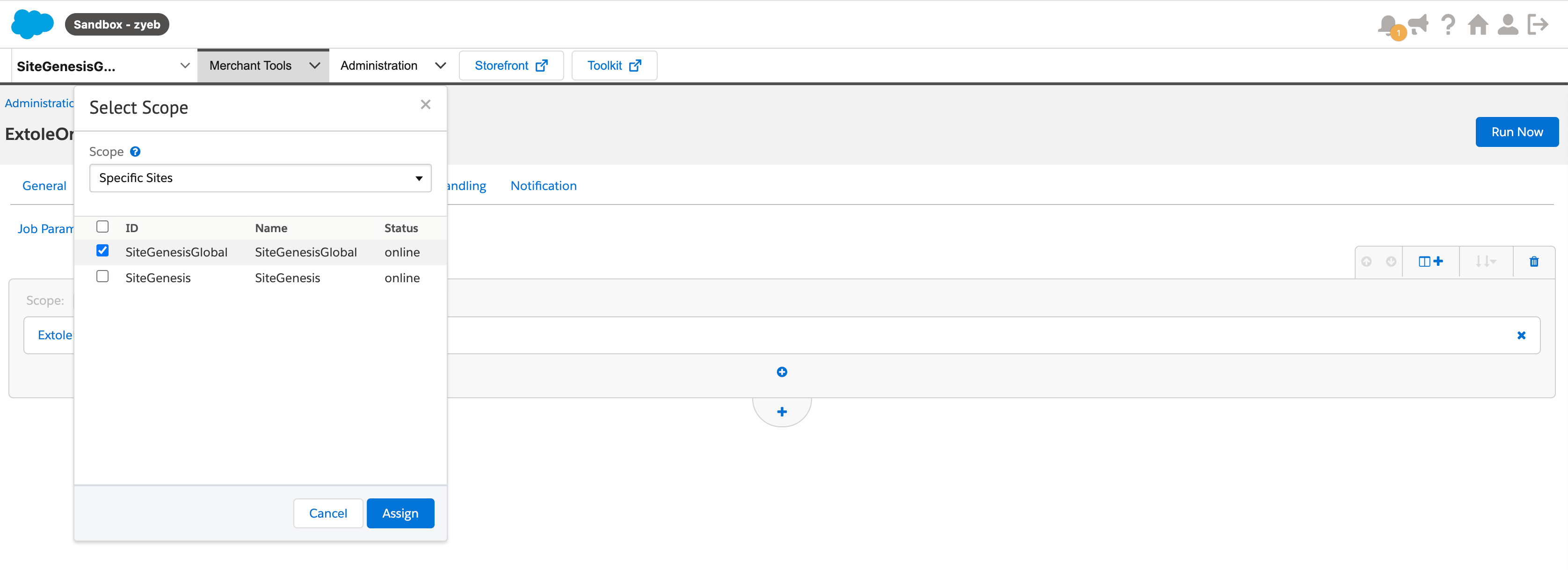 Screenshot showing Return Jobs page, select ExtoleOrderStatusUpdate job and enable it