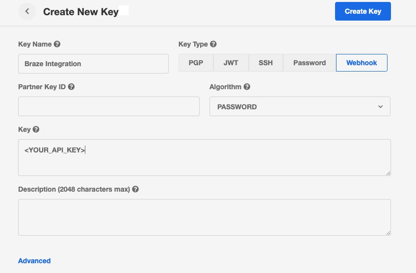 The My Extole Security Center form for creating a webhook key named Braze Integration