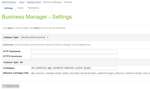 Screenshot showing Navigate to Administration > Sites > Manage Sites and select Business Manager site. In the cartridge path, at the beginning, add intextole:.