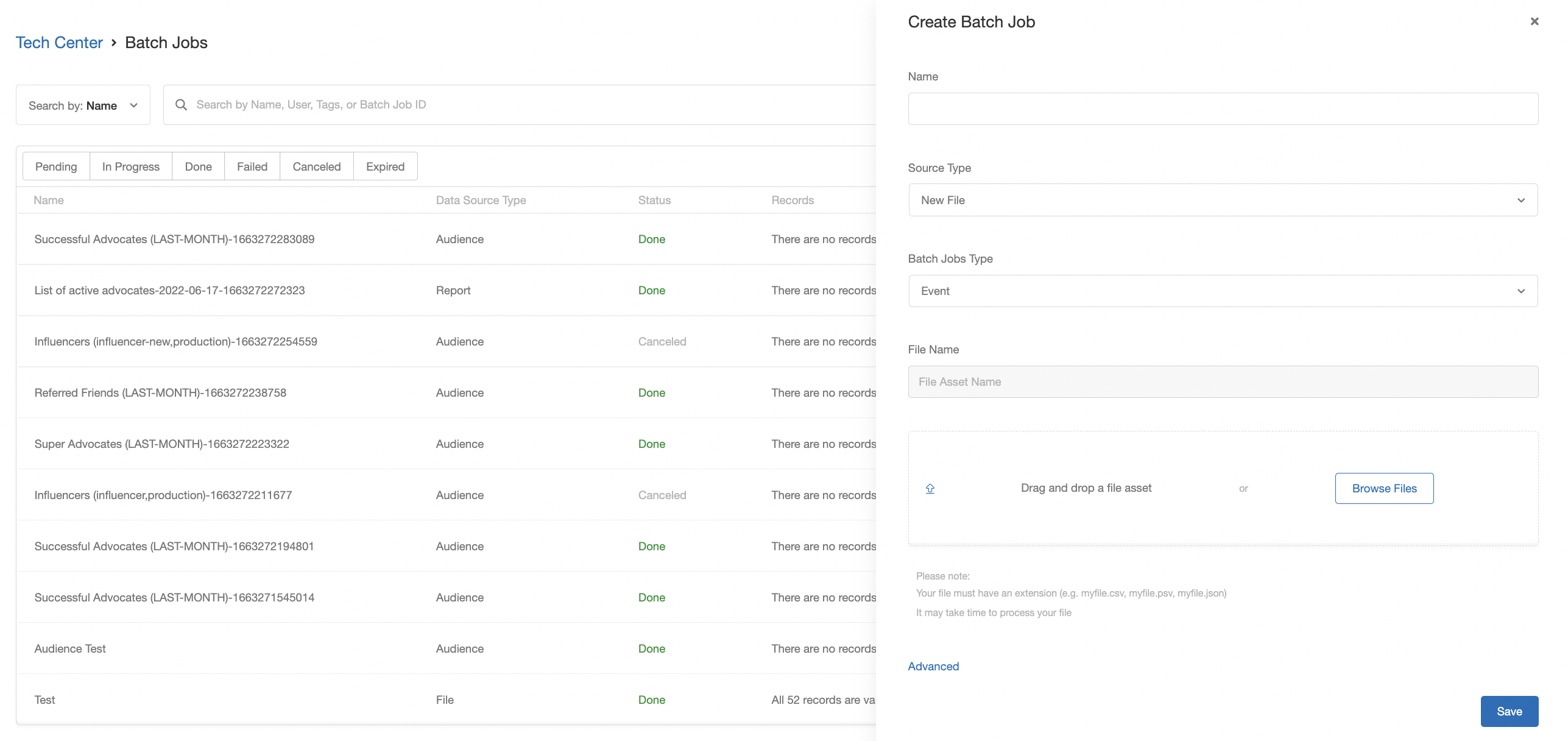 Screenshot showing Click on the + New Batch Job button to start the job creation process. A drawer-style window will slide out from the right-hand side of your screen with all...
