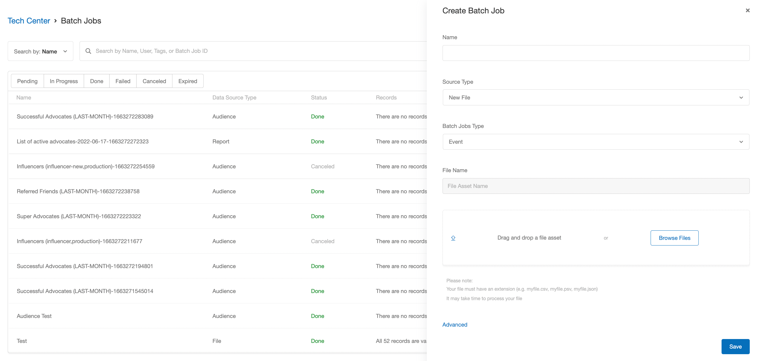 Screenshot showing Click on the + New Batch Job button to start the job creation process. A drawer-style window will slide out from the right-hand side of your screen with all...