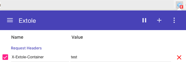 Screenshot showing Next, add a custom header of "X-Extole-Container" with a value of "test". You do this by clicking the blue icon for the extension next to the URL bar and...