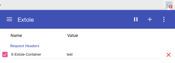 Screenshot showing Next, add a custom header of "X-Extole-Container" with a value of "test". You do this by clicking the blue icon for the extension next to the URL bar and...