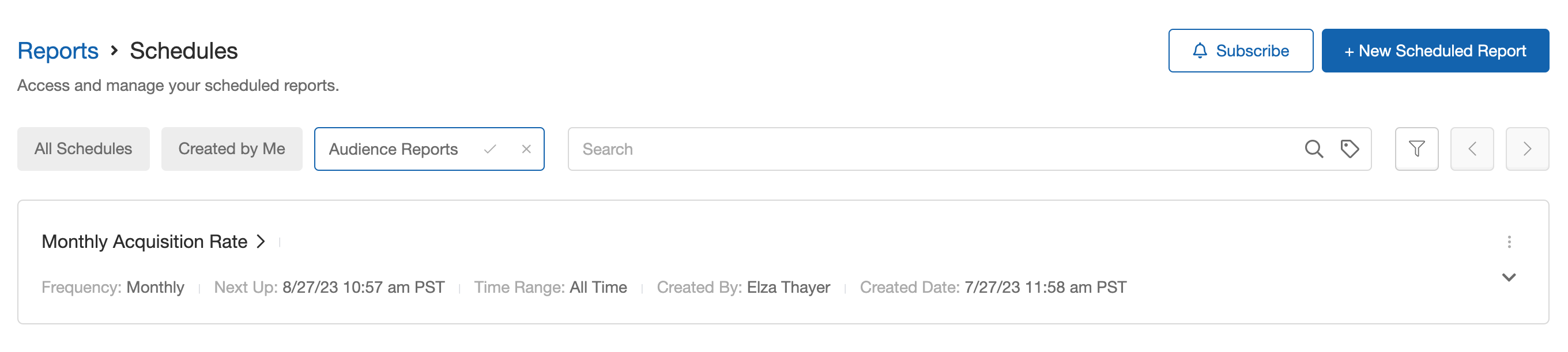 Custom view creation on the scheduled reports page