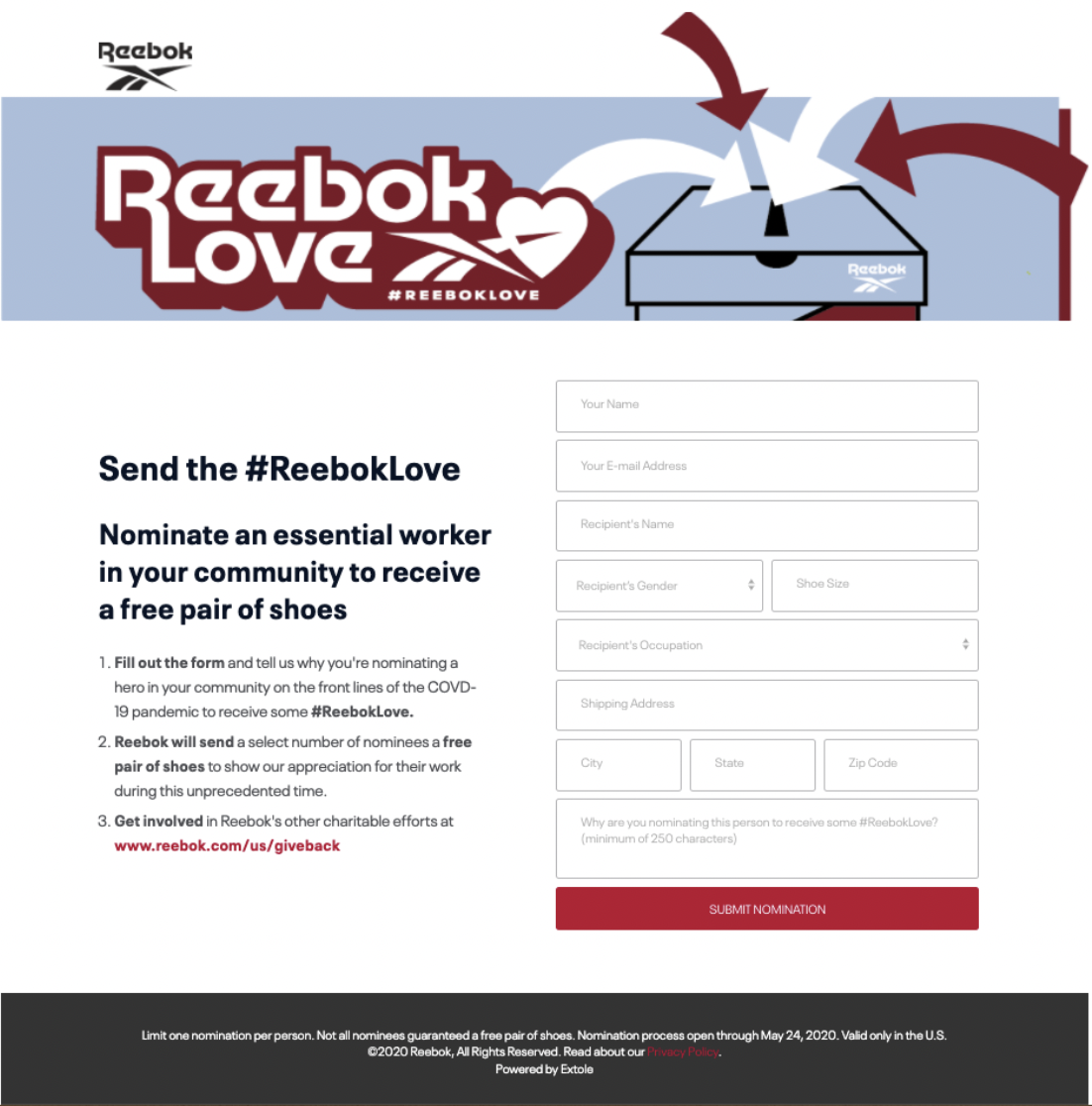 Screenshot showing Reebok’s nomination program, which ran for three weeks, executed on the initiative to give back to their community by asking customers to nominate an...