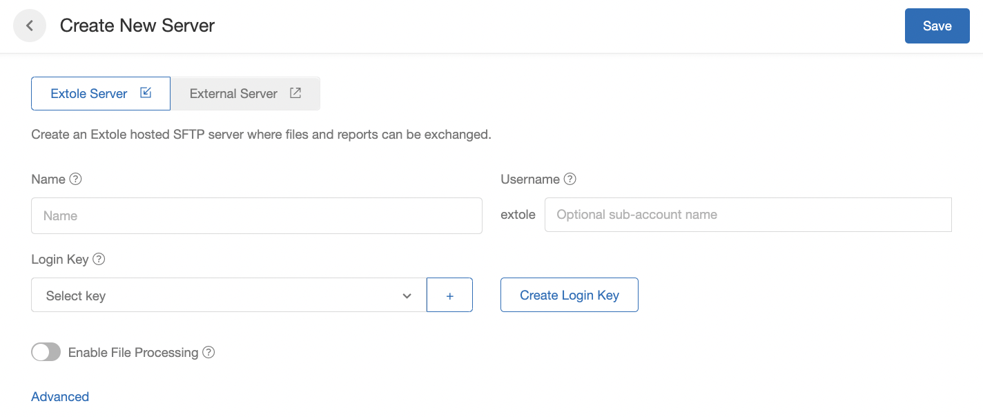 Screenshot showing Navigate to the Tech Center and click the "+ New Server" button. Make sure you have selected "Extole Server" in the top left. You will see a number of fields...