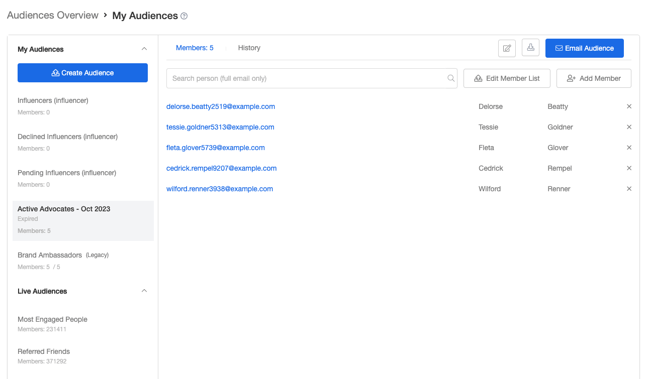 Screenshot showing Select the audience on your My Audiences page and click the Email Audience button in the top right.