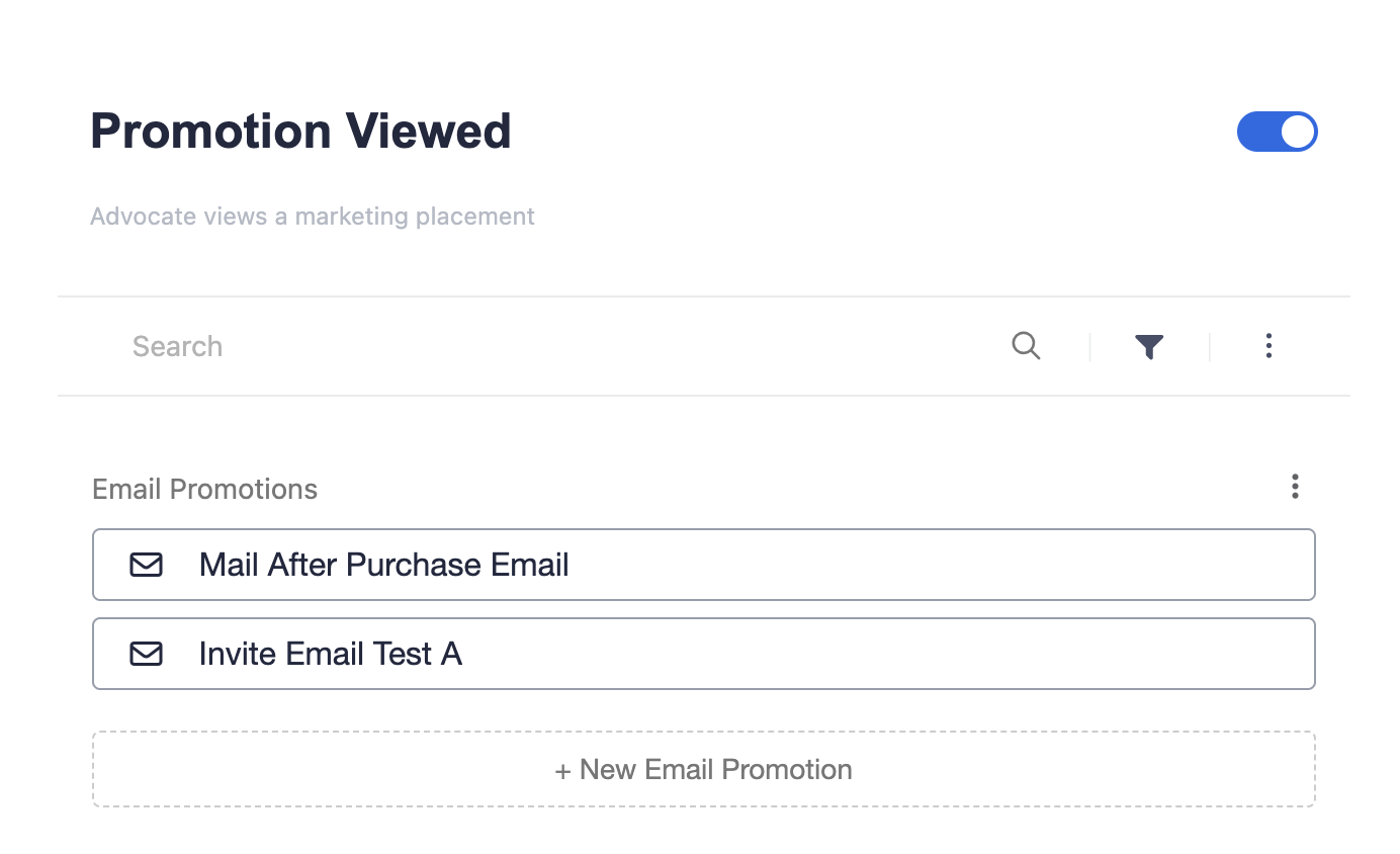 Screenshot showing Open the Promotion Viewed business event and scroll to the Email Promotions section, where you can hits + New Email Promotion.