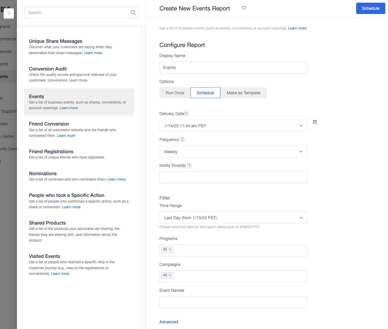 Screenshot showing Your first step will be to configure the Events Report. This report will return rows of each event (shared, clicked, converted) with the accompanying data...