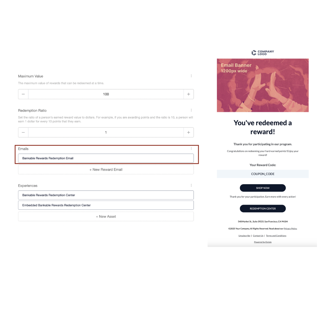 Screenshot showing The Bankable Rewards Redemption Email is sent to customers after they redeem a reward—except for cases where our partner handles the email communication....
