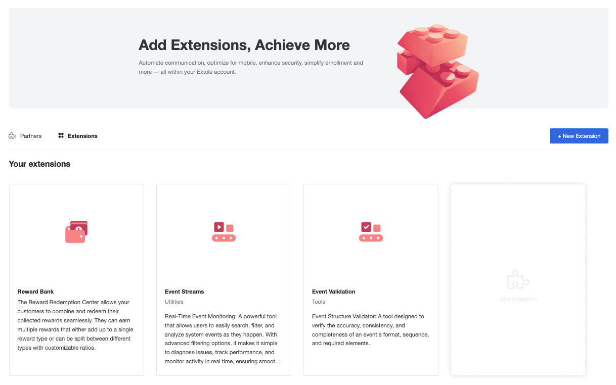 Screenshot showing Extole Extensions are designed to add extra functionality to your marketing campaigns, enabling you to enhance performance and achieve specific business...