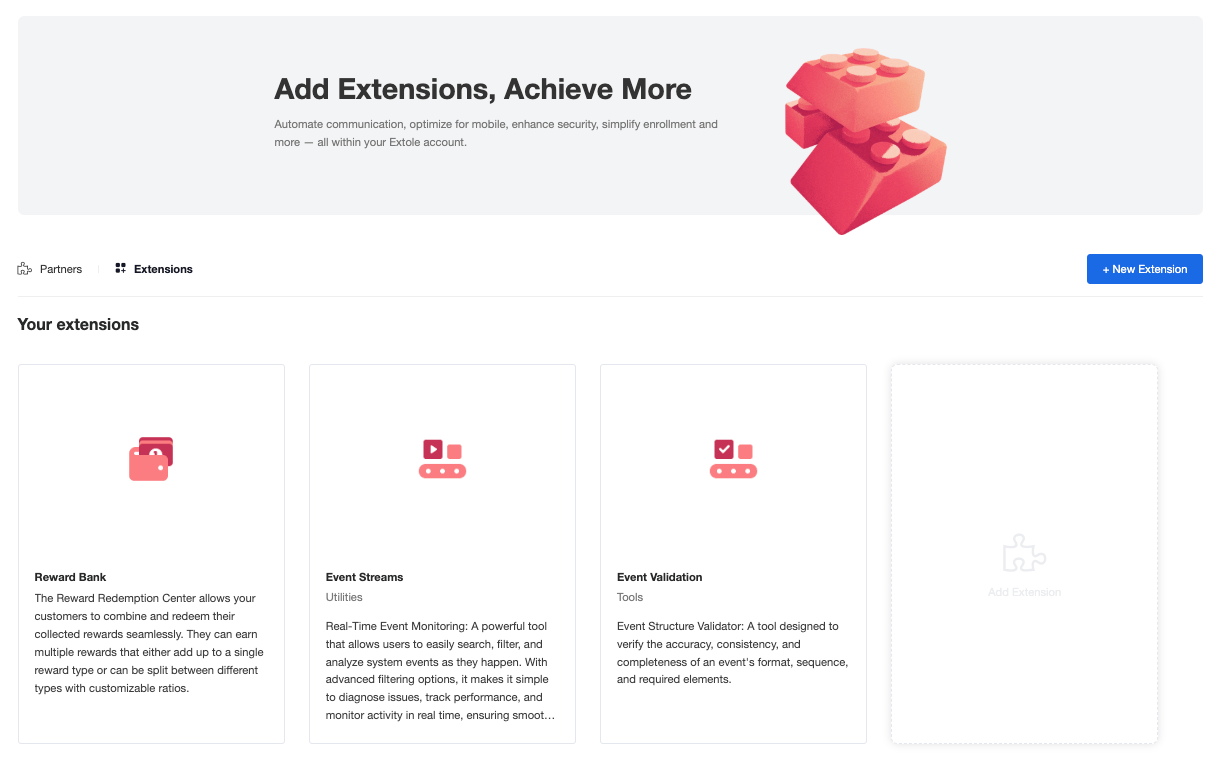 Screenshot showing Extole Extensions are designed to add extra functionality to your marketing campaigns, enabling you to enhance performance and achieve specific business...