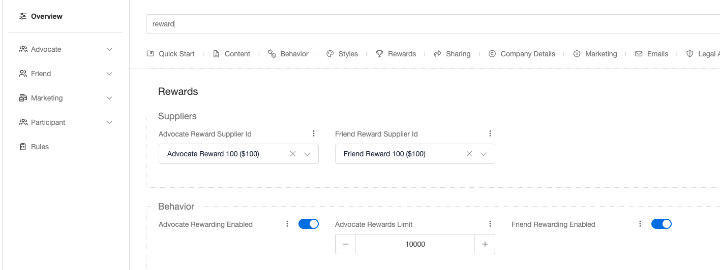 Screenshot showing In the Overview tab, search for the Rewards section adjust the Advocate and Friend Reward Supplier Ids.
