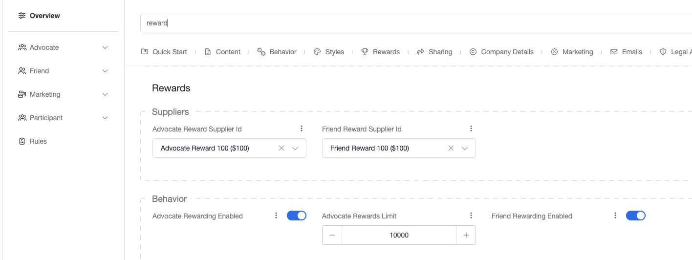 Screenshot showing In the Overview tab, search for the Rewards section adjust the Advocate and Friend Reward Supplier Ids.