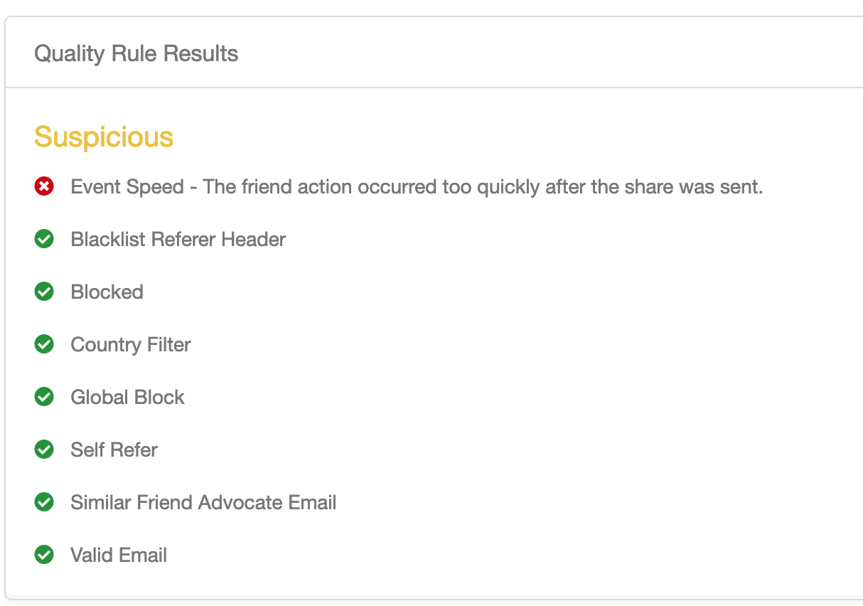 Screenshot showing You can view the reason an event was flagged by clicking on the event itself (purchase, register, etc) and scrolling down to the "Quality Rule Results" section