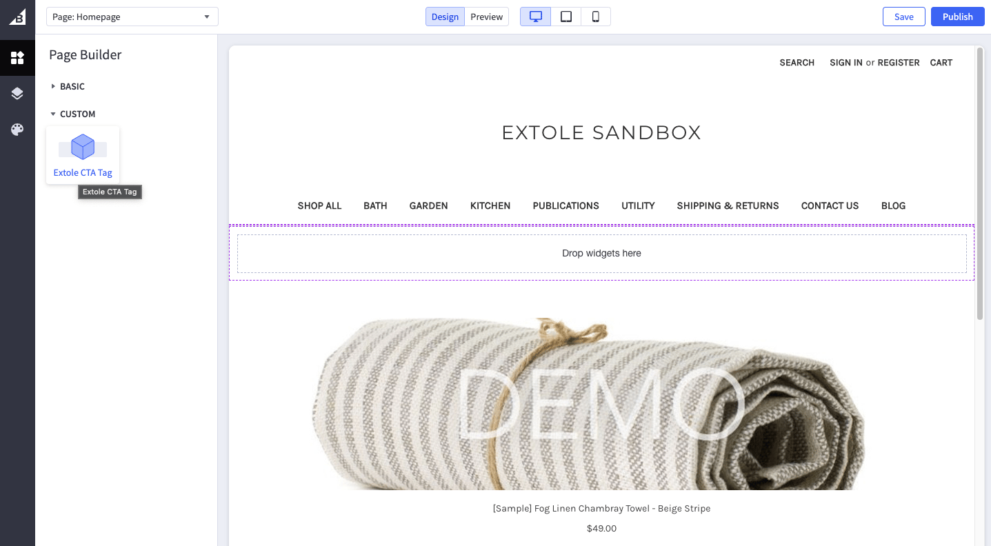 Screenshot showing Simply drag and drop the Extole CTA Tag to the places on the page where you want them to appear.