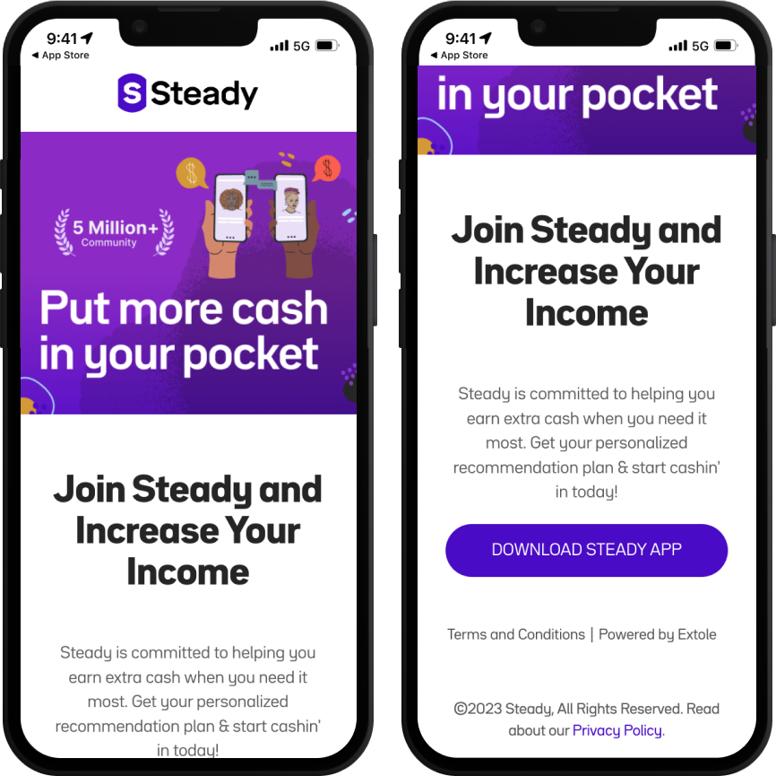 iPhone screens displaying the Friend Landing Experience for the company Steady