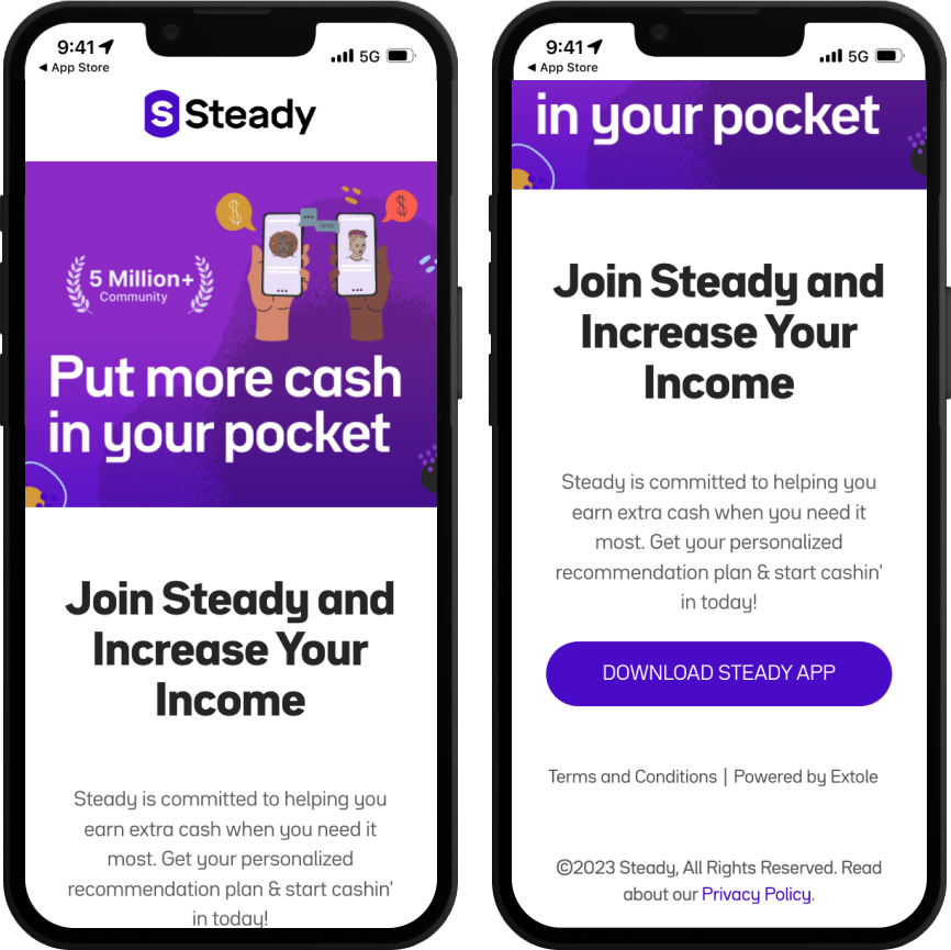 iPhone screens displaying the Friend Landing Experience for the company Steady