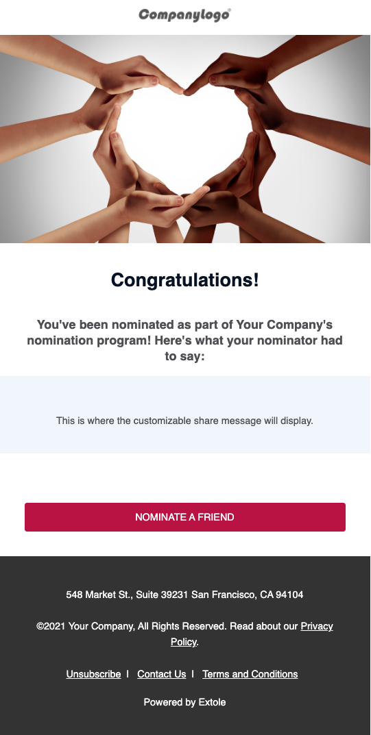 Screenshot showing Let a nominee know that they've been nominated with the Nominee Notification Email. They will receive this email after a nominator fills out the microsite or...
