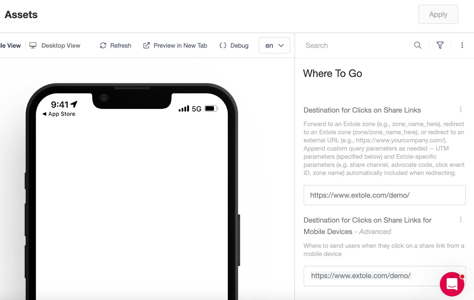 Screenshot showing If you want mobile users to have a different experience, update Destination for Clicks on Share Links for Mobile Devices with the mobile-specific URL.