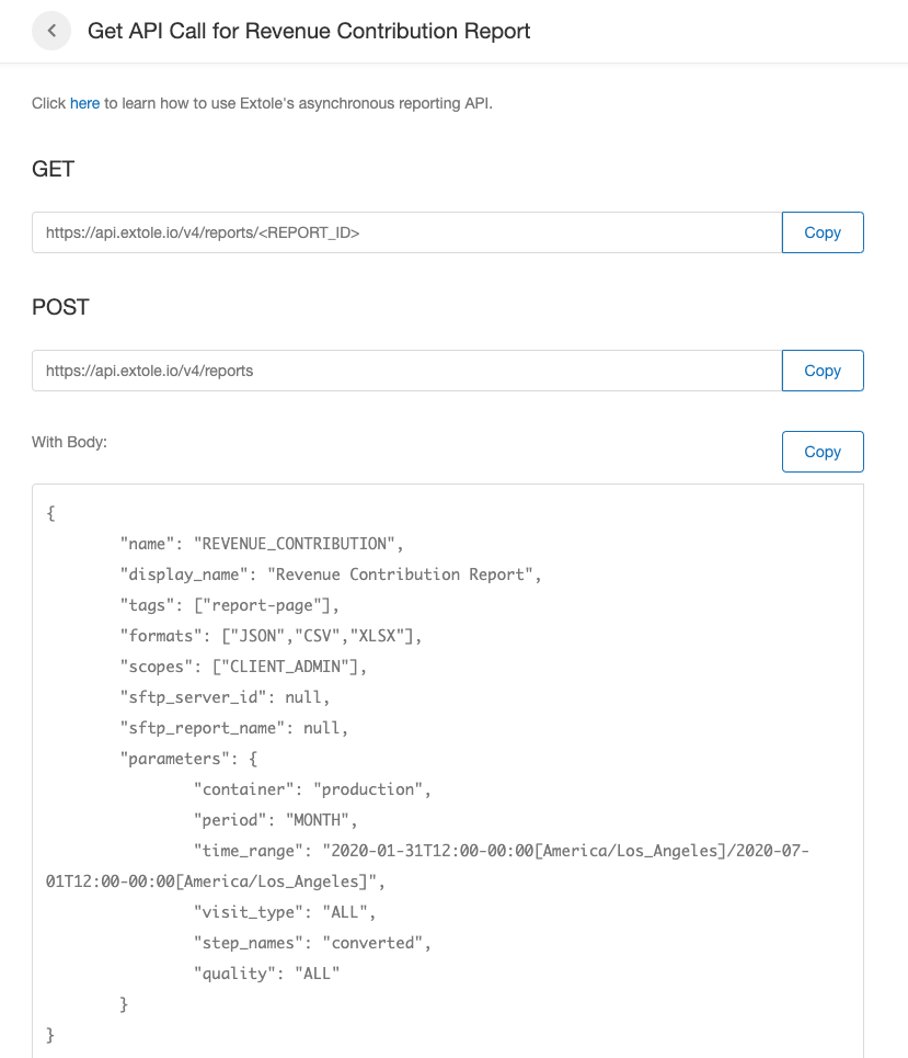 Screenshot showing Alternatively, you can click into the report itself and click the "Get API Call" button.